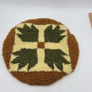 Handmade Latch Hook Chair Cover Round 16" Retro Leaf 70s Cottage Cabin